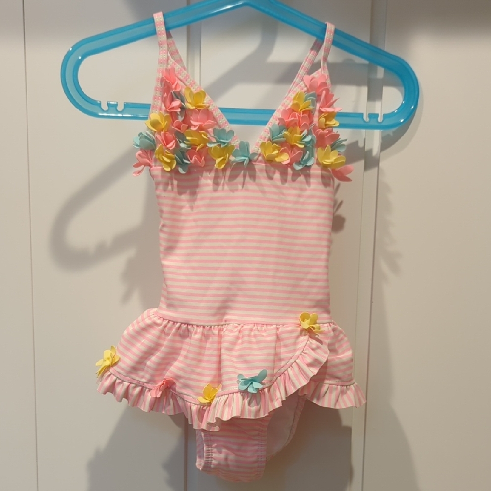 Little Me Pink Striped Swimsuit with Floral Accents